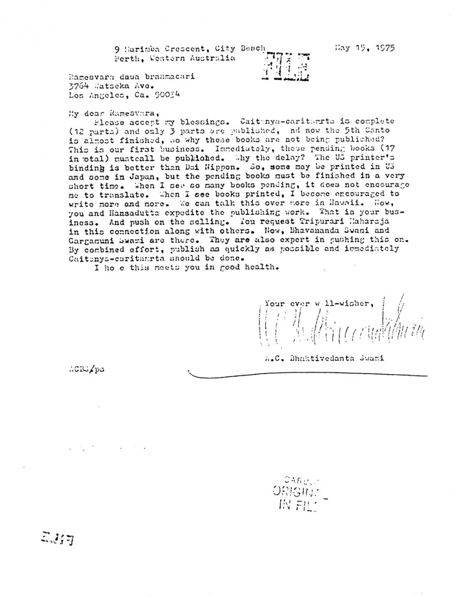 750515 - Letter to Ramesvara written from Perth - Vanisource